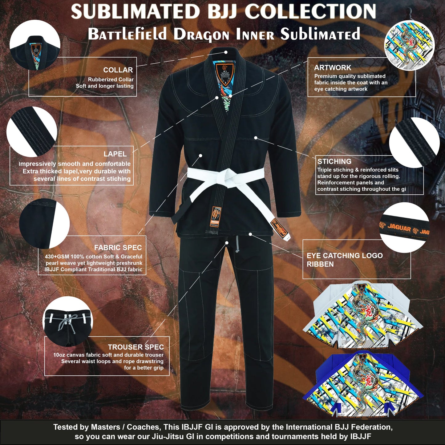 Jaguar Pro Gear â?? Battlefield Dragon Inner Sublimated - Pro Brazilian Jiu Jitsu BJJ Kimono Gi Uniform Unisex Pure Cotton