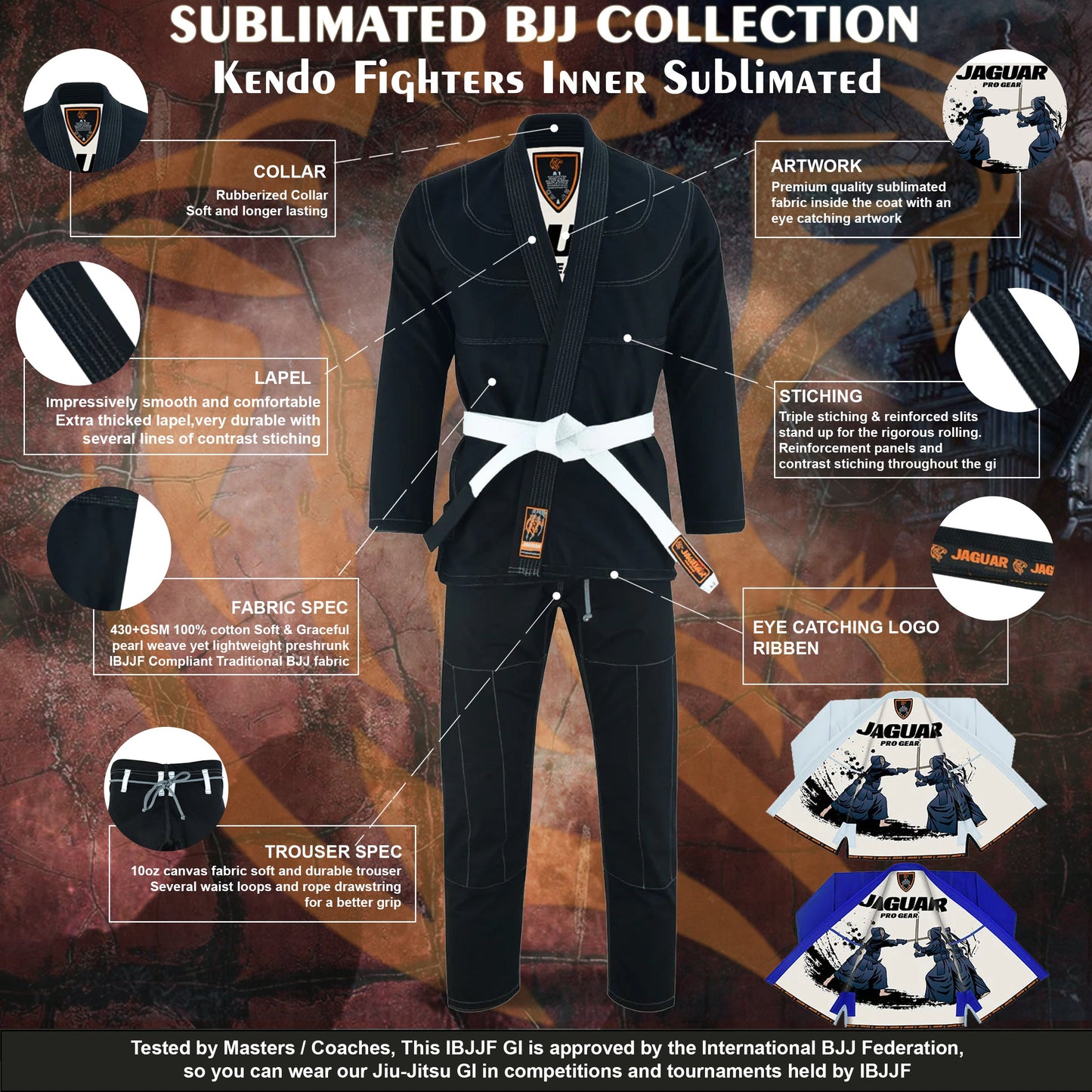 Jaguar Pro Gear â?? Kendo Fighters Inner Sublimated - Pro Brazilian Jiu Jitsu BJJ Kimono Gi Uniform Unisex Pure Cotton