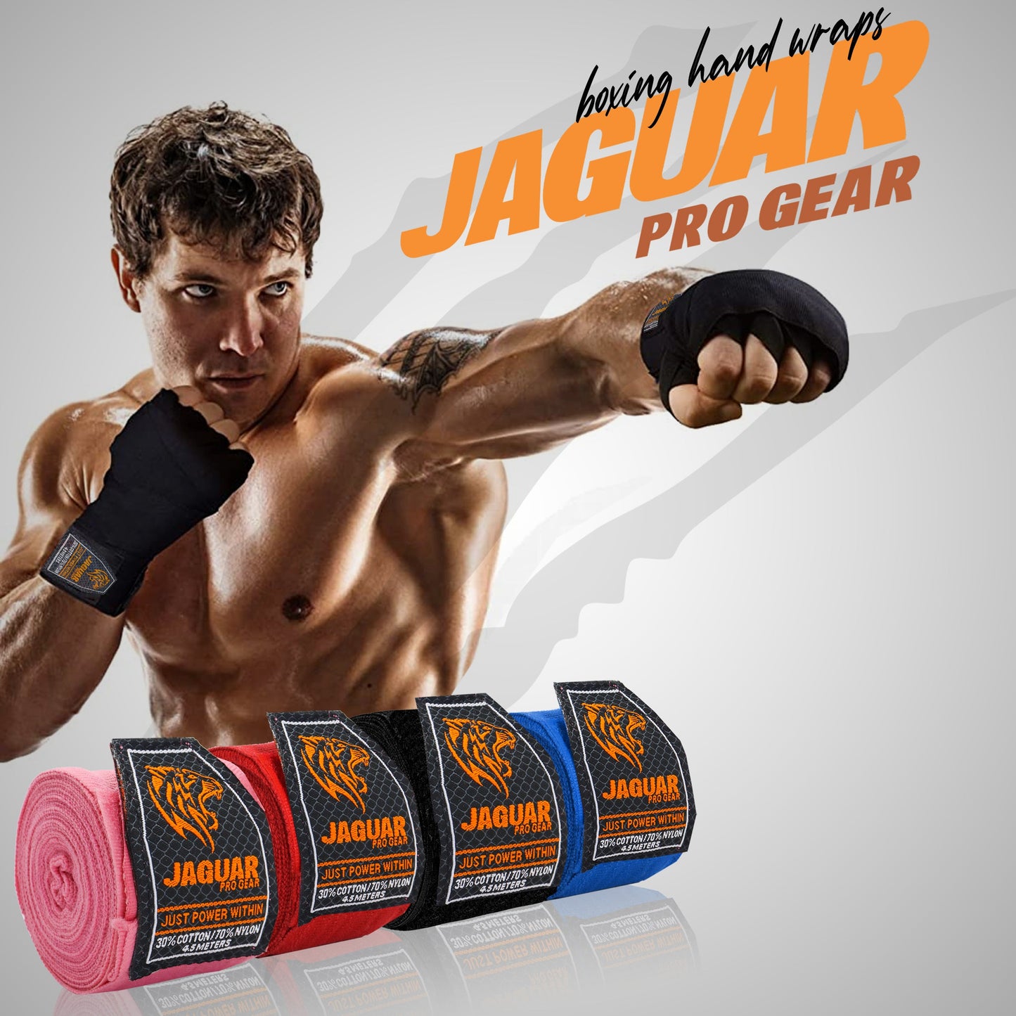 Jaguar Pro Gear - Pro Colored Hand Wraps 185 Inches Pure Cotton with Thumb Loop for Boxing MMA Muay Thai Inner Layer